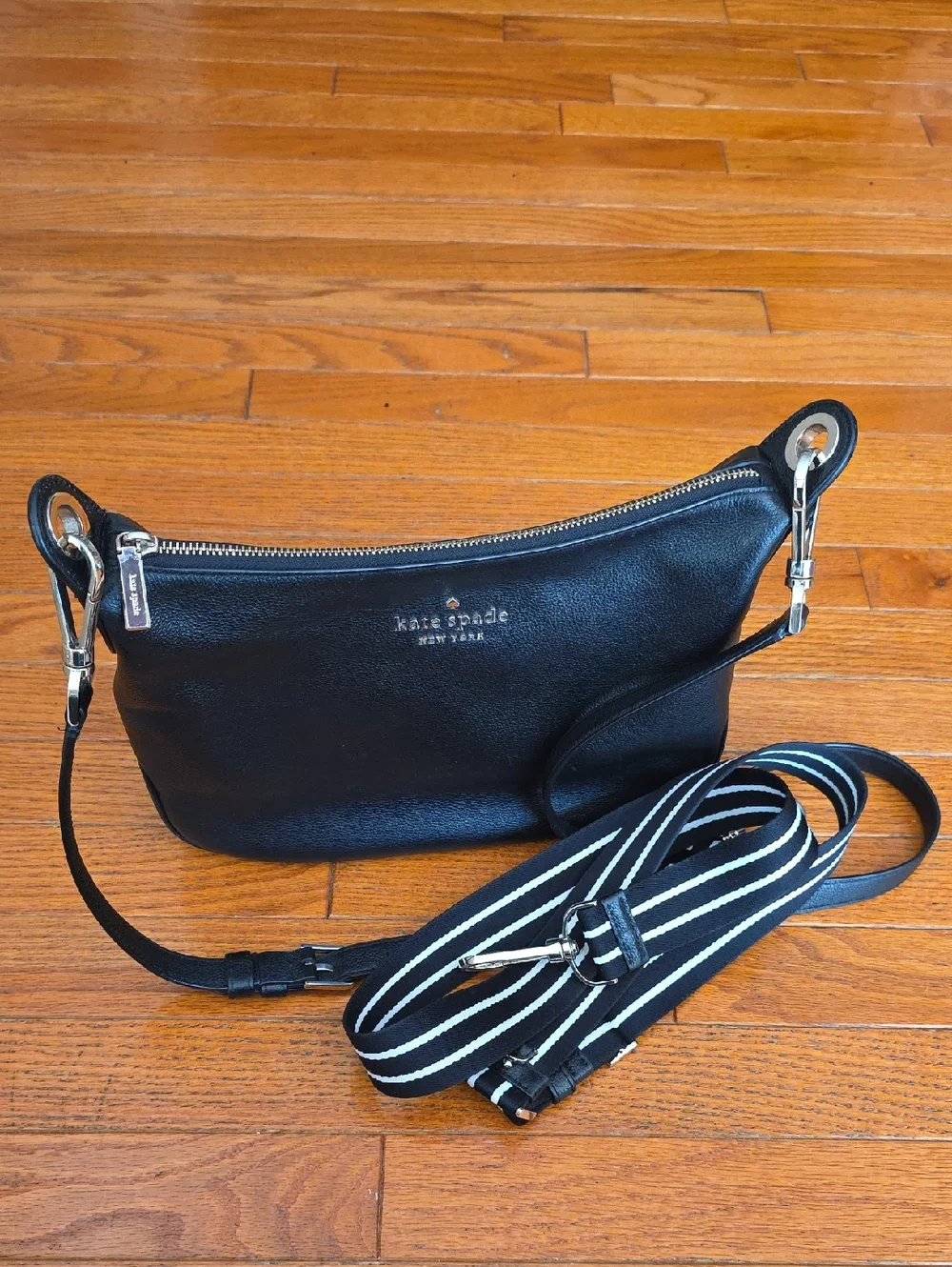 Kate Spade Large Rosie Black Leather Crossbody Bag with Striped And Solid Strap